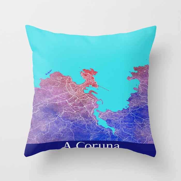 A Coruna Watercolor Map Throw Pillow