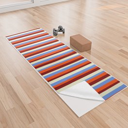 [ Thumbnail: Cornflower Blue, Red, Maroon & Light Yellow Colored Striped Pattern Yoga Towel ]