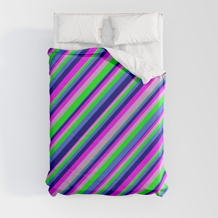 Eyecatching Royal Blue, Blue, Fuchsia, Plum, and Lime Colored Lined/Striped Pattern Duvet Cover