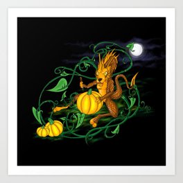 Halloween - Little Dragon Carving a Pumpkin Art Print