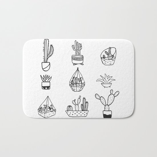 Minimalist Cacti Collection Black and White Bath Mat