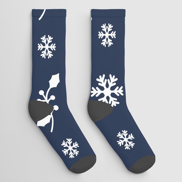 Christmas Pattern White Navy Blue Floral Snowflake Socks