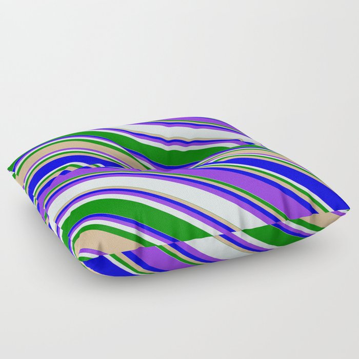 Colorful Green, Tan, Blue, Purple, and Light Cyan Colored Striped/Lined Pattern Floor Pillow