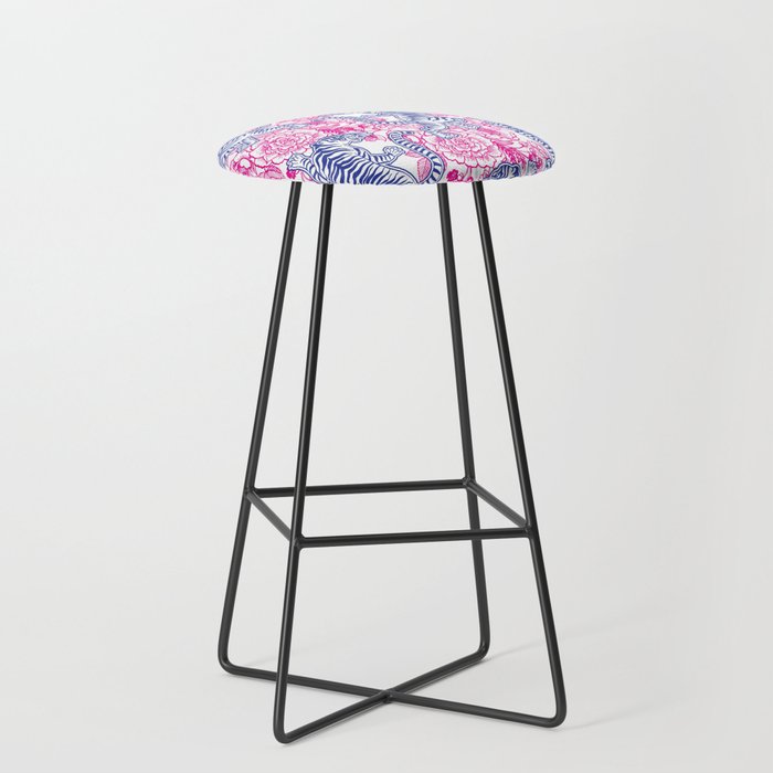 Vintage Chinese Tiger Fuchsia & Blue Pattern Bar Stool