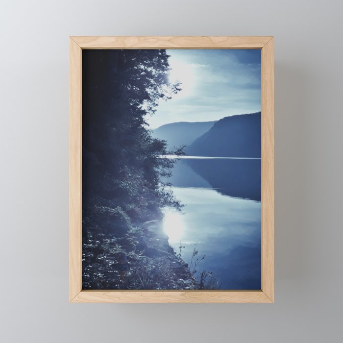 Deep blue northern mountain lake shore sunset Framed Mini Art Print