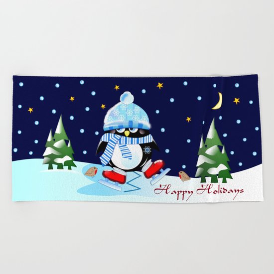 The skating penguin Beach Towel