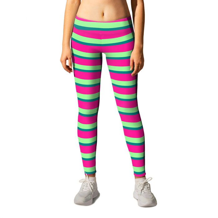 Green, Teal, and Deep Pink Colored Stripes Pattern Leggings