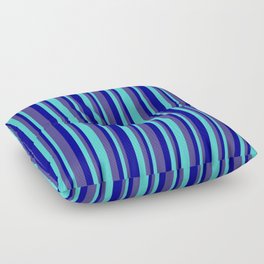 [ Thumbnail: Dark Blue, Dark Slate Blue & Turquoise Colored Pattern of Stripes Floor Pillow ]