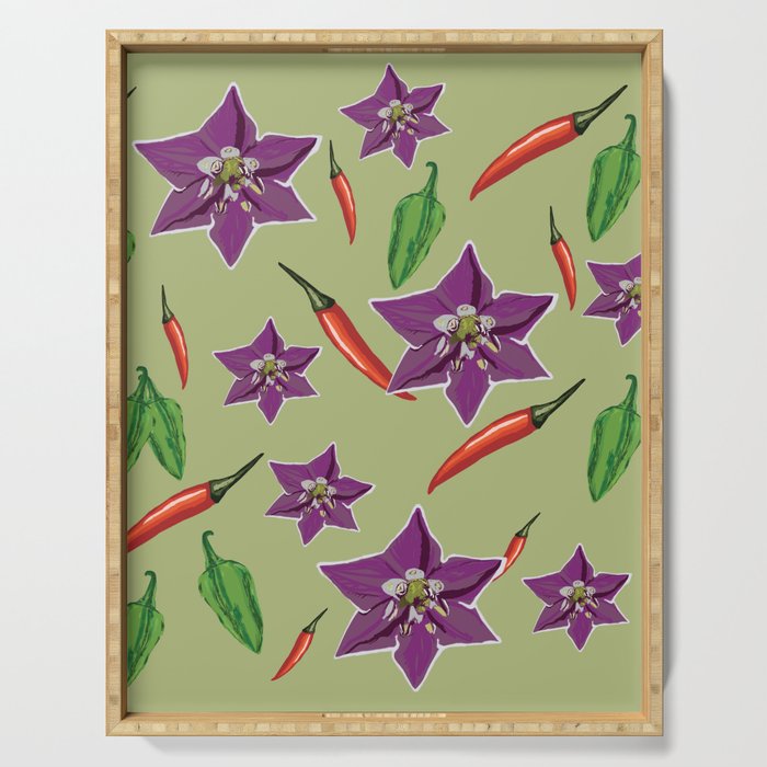 Red Green Chili Peppers Purple Bloom  Serving Tray