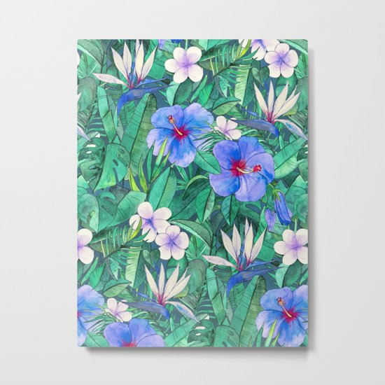 White Bird of Paradise & Blue Hibiscus Tropical Garden Metal Print