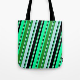 [ Thumbnail: Green, Forest Green, Powder Blue, and Black Colored Striped/Lined Pattern Tote Bag ]