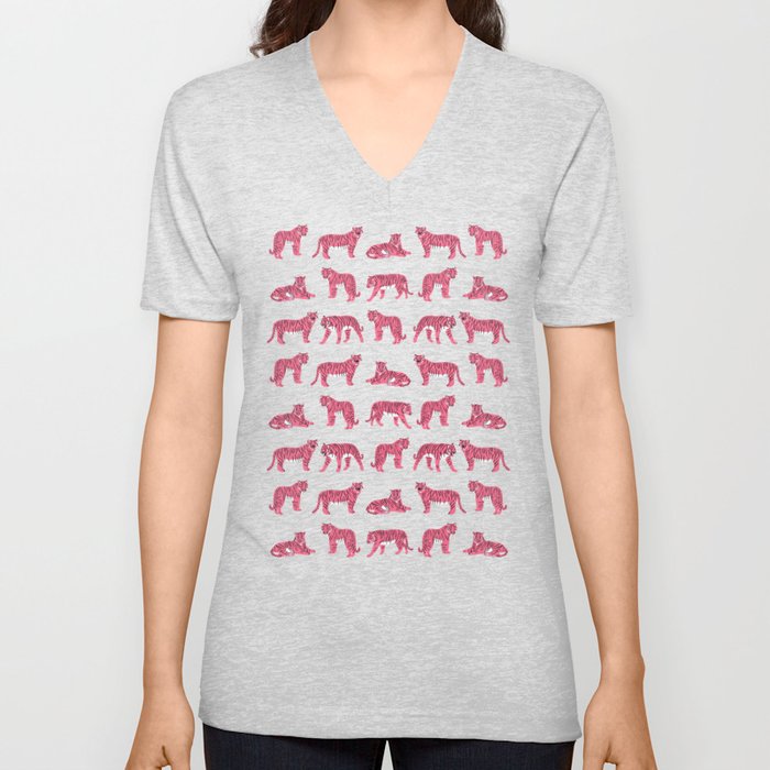 Year of the Tiger in Pop Pink and Tan V Neck T Shirt