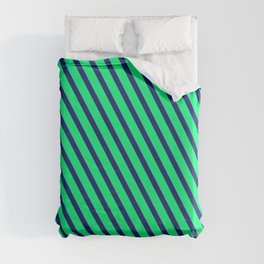 [ Thumbnail: Midnight Blue & Green Colored Lined/Striped Pattern Duvet Cover ]