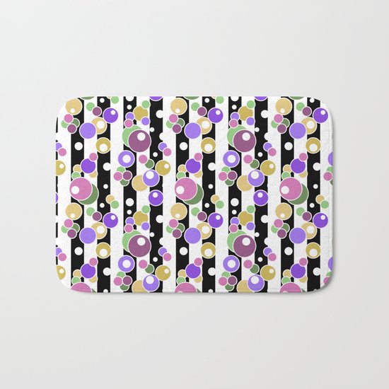 Colorful polka dots on black and white striped background . Bath Mat