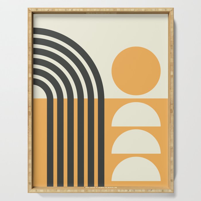 Geometric Lines in Gold and Black 7 (Rainbow and Sunrise Abstract) Serving Tray