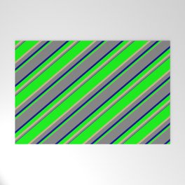 [ Thumbnail: Lime, Tan, Grey & Dark Blue Colored Lined/Striped Pattern Welcome Mat ]