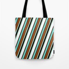[ Thumbnail: Brown, Turquoise, White, and Black Colored Lines/Stripes Pattern Tote Bag ]