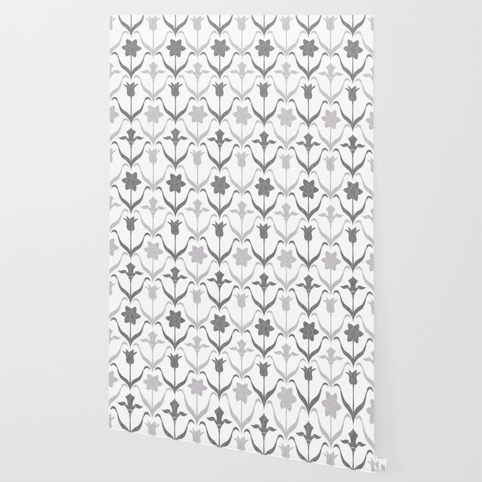 Art Nouveau Spring Bulbs Pattern White Grey Wallpaper By