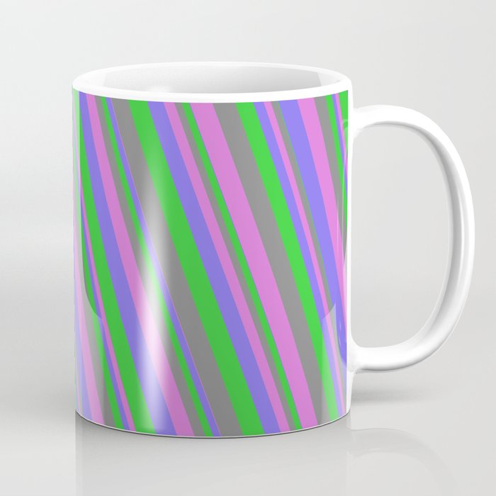 Medium Slate Blue, Lime Green, Gray, and Orchid Colored Lined Pattern Coffee Mug