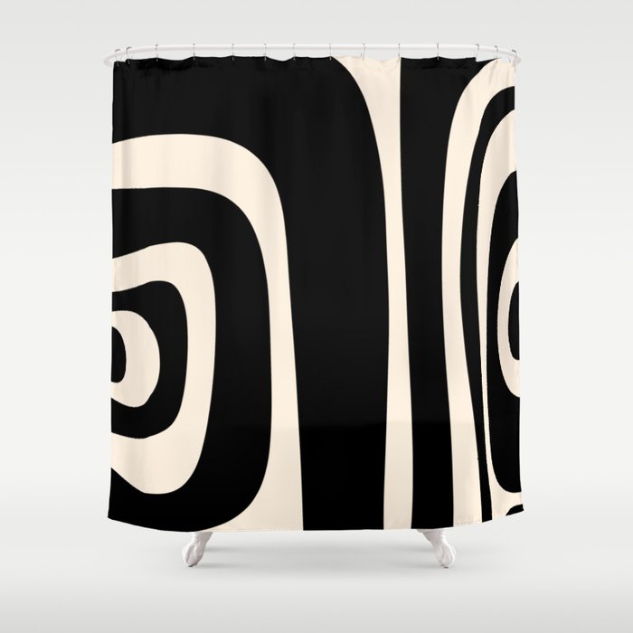 Tiki Minimalist Mid-Century Modern Abstract Pattern Black and Almond Cream Shower Curtain