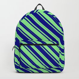 [ Thumbnail: Light Green & Dark Blue Colored Lined Pattern Backpack ]