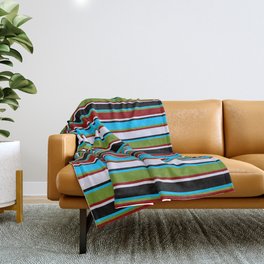[ Thumbnail: Eyecatching Deep Sky Blue, Green, Dark Red, Lavender, and Black Colored Lines/Stripes Pattern Throw Blanket ]