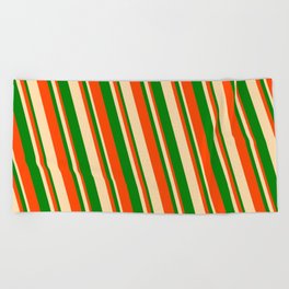 [ Thumbnail: Red, Tan, and Green Colored Striped Pattern Beach Towel ]