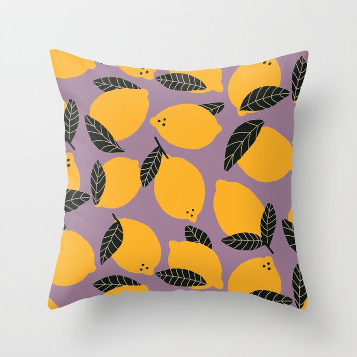 Hand Drawn Lemon Pattern (yellow/black/lilac purple) Throw Pillow