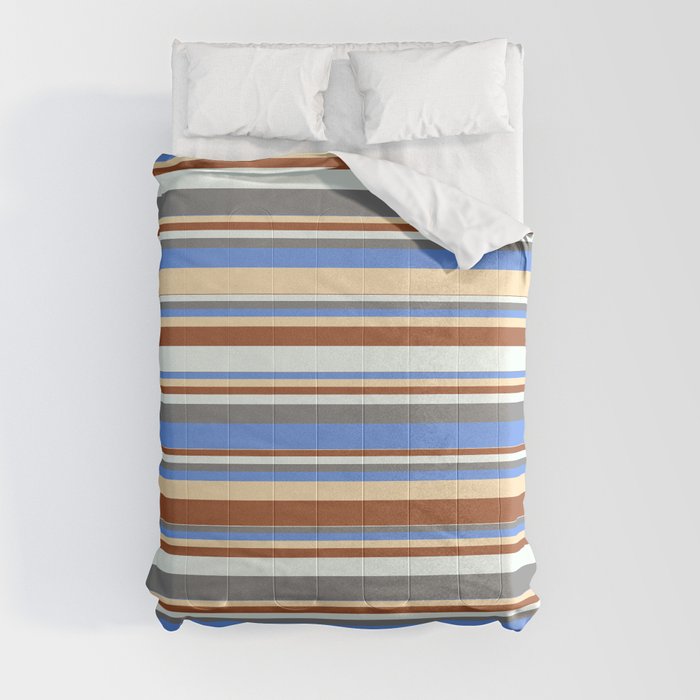 Colorful Sienna, Mint Cream, Gray, Cornflower Blue & Beige Colored Striped Pattern Comforter