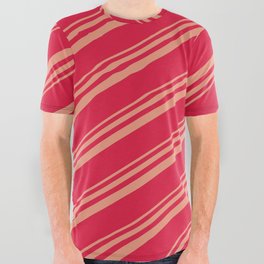 [ Thumbnail: Dark Salmon and Crimson Colored Striped Pattern All Over Graphic Tee ]