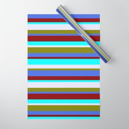 [ Thumbnail: Colorful Green, Royal Blue, Dark Red, Cyan & Lavender Colored Lined Pattern Wrapping Paper ]