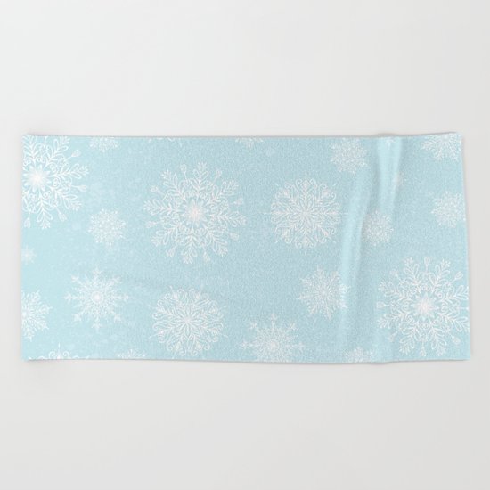 Assorted White Snowflakes On Light Blue Background Beach Towel