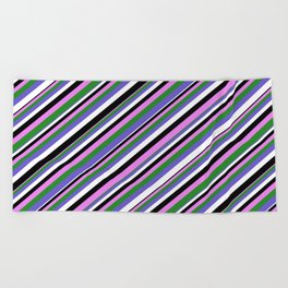 [ Thumbnail: Violet, Forest Green, Slate Blue, White & Black Colored Pattern of Stripes Beach Towel ]