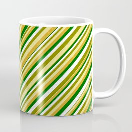 [ Thumbnail: Vibrant Green, Tan, Goldenrod, Dark Green & White Colored Pattern of Stripes Coffee Mug ]