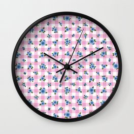 Sweet Blue Roses - pink check Wall Clock
