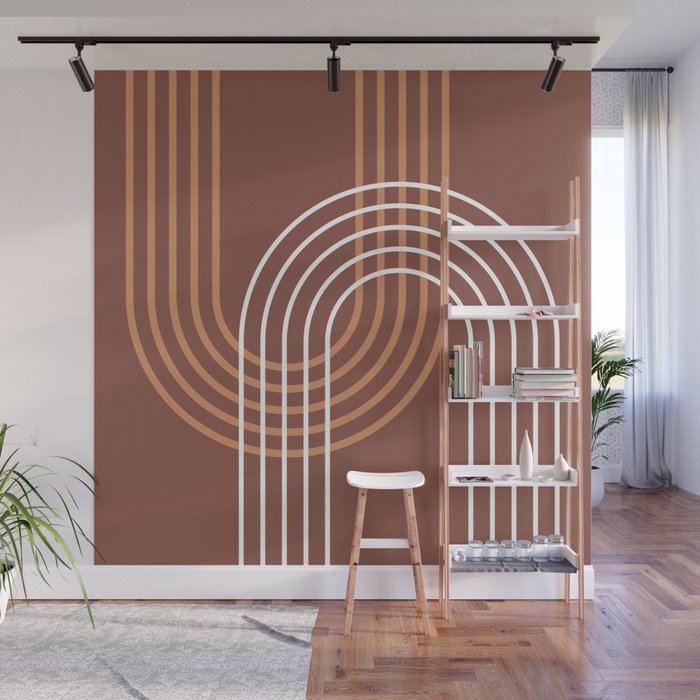 Geometric Lines Rainbow Abstract 4 in Terracotta and Beige Wall Mural