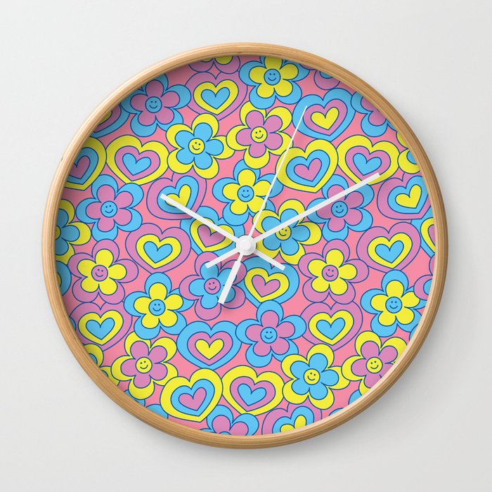 Happy Daisy and Heart Pattern, Vibrant Colors, Blue, Yellow, Pink Wall Clock