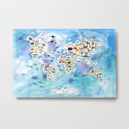 Cartoon animal world map, back to school. Animals from all over the world, blue watercolour watercolor Metal Print