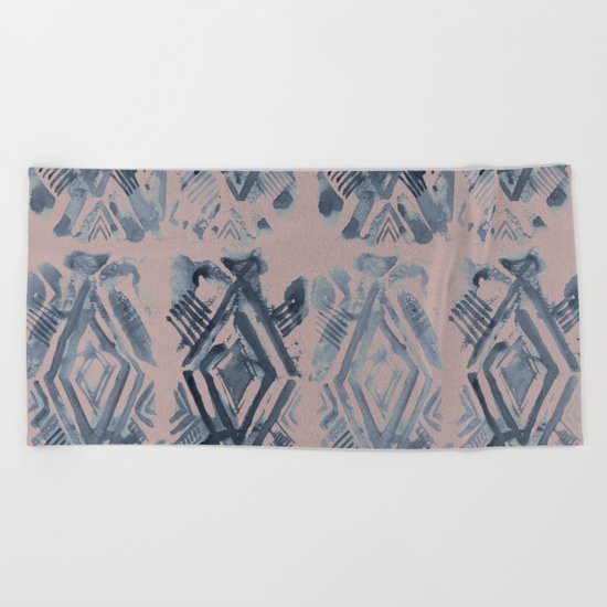 Simply Ikat Ink in Indigo Blue on Clay Pink Beach Towel