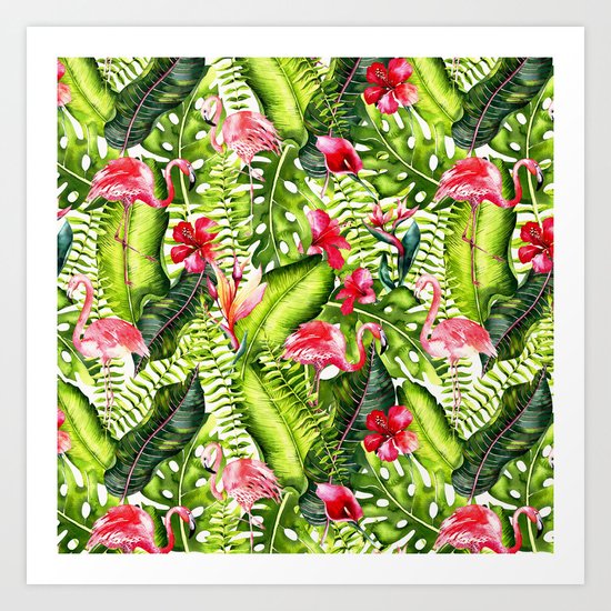 Aloha- Tropical Flamingo Bird and Hibiscus Palm Leaves Garden Art Print