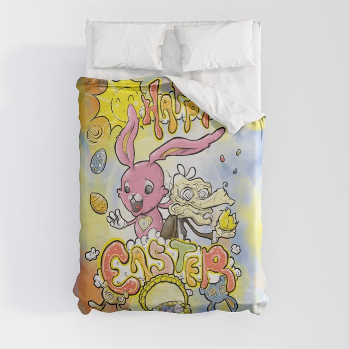 HAPPY EASTER with Cartoony Old Man Joe & the CUTEST Easter Bunny EVER Hand Drawn One of a Kind Art Duvet Cover