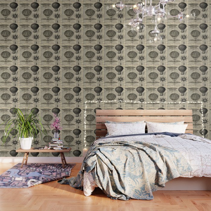 Newspaper Print Victorian Steampunk Airship Plane Hot Air Balloon Wallpaper By Chicelegantboutique