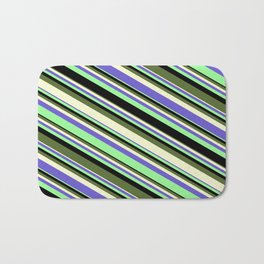 [ Thumbnail: Eye-catching Green, Black, Dark Olive Green, Light Yellow, and Slate Blue Colored Stripes Pattern Bath Mat ]