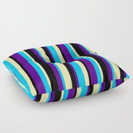 [ Thumbnail: Deep Sky Blue, Indigo, Black, and Pale Goldenrod Colored Pattern of Stripes Floor Pillow ]