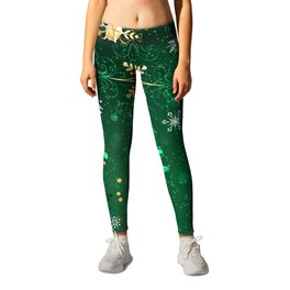 Gold Snowflakes on a Green Background Leggings | Symbolic, Pattern, Snow, Golden, Background, Painting, Gold, Texture, Holiday, Abstract 