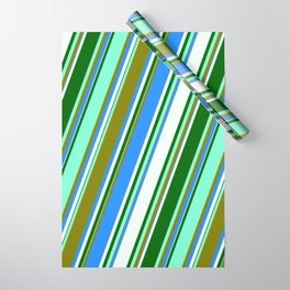 [ Thumbnail: Aquamarine, Green, Blue, Mint Cream, and Dark Green Colored Lined/Striped Pattern Wrapping Paper ]