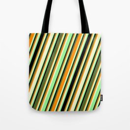 [ Thumbnail: Colorful Dark Orange, Light Yellow, Green, Black, and Dark Olive Green Colored Pattern of Stripes Tote Bag ]