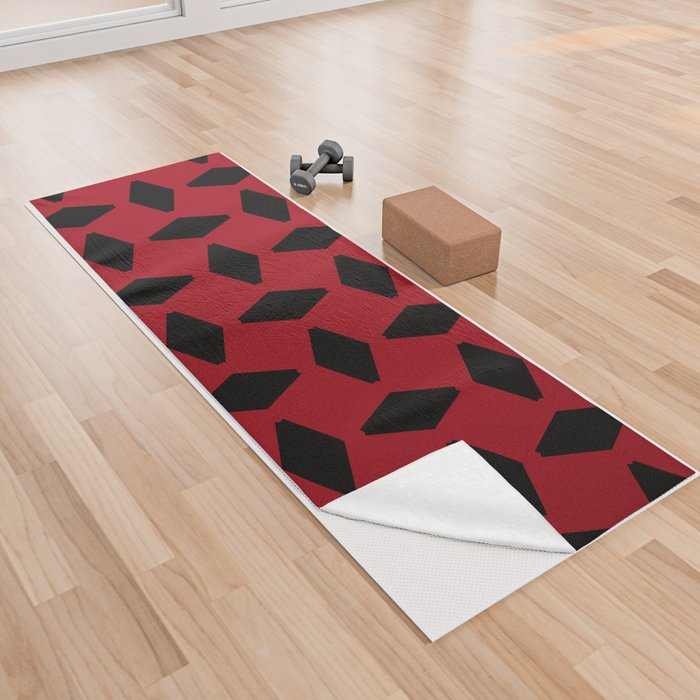 Black Geometric Retro Shapes on Christmas Red  Yoga Towel