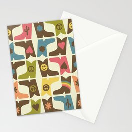 Groovy Rainbow Flower Power Cowboy Boots  Stationery Cards | Smileyface, Heart, Pattern, Boots, Graphicdesign, Digital, Flowerpower, Brown, Peacesign, Flower 