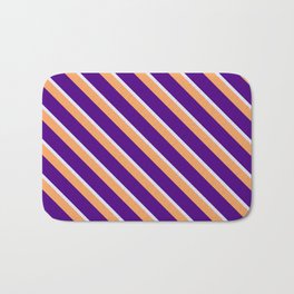 [ Thumbnail: Brown, Indigo & Lavender Colored Stripes/Lines Pattern Bath Mat ]